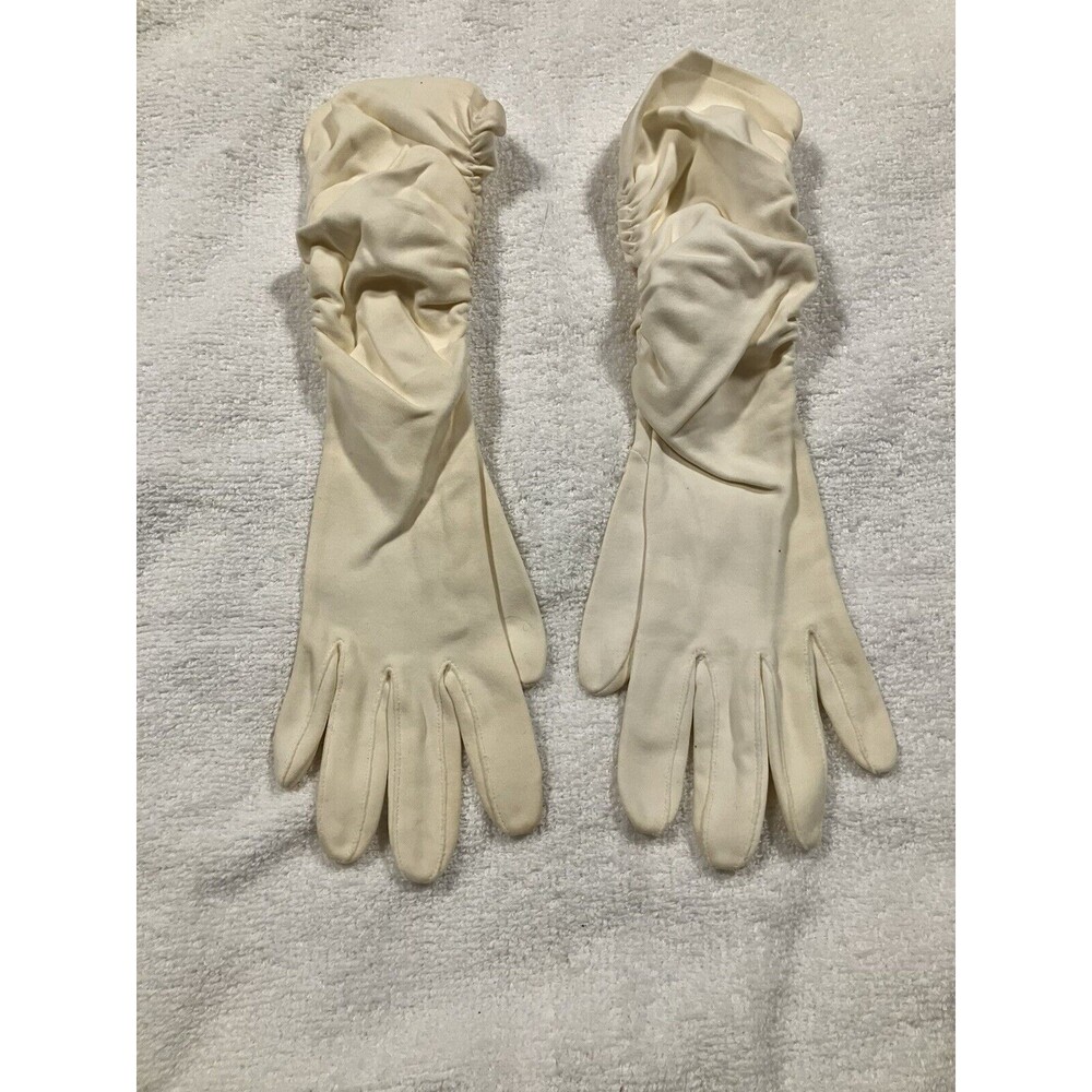 Vintage S/M Nylon Formal 12" Long Gloves Ruched Scrunch Wedding Church Prom